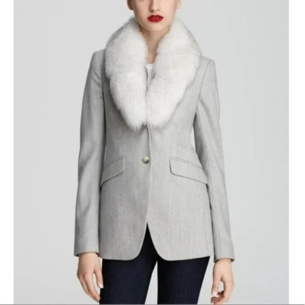 NWT Theory Wool Herringbone Fitted Blazer Removable Fox Collar Blue Gray. SZ 4 - Picture 1 of 4